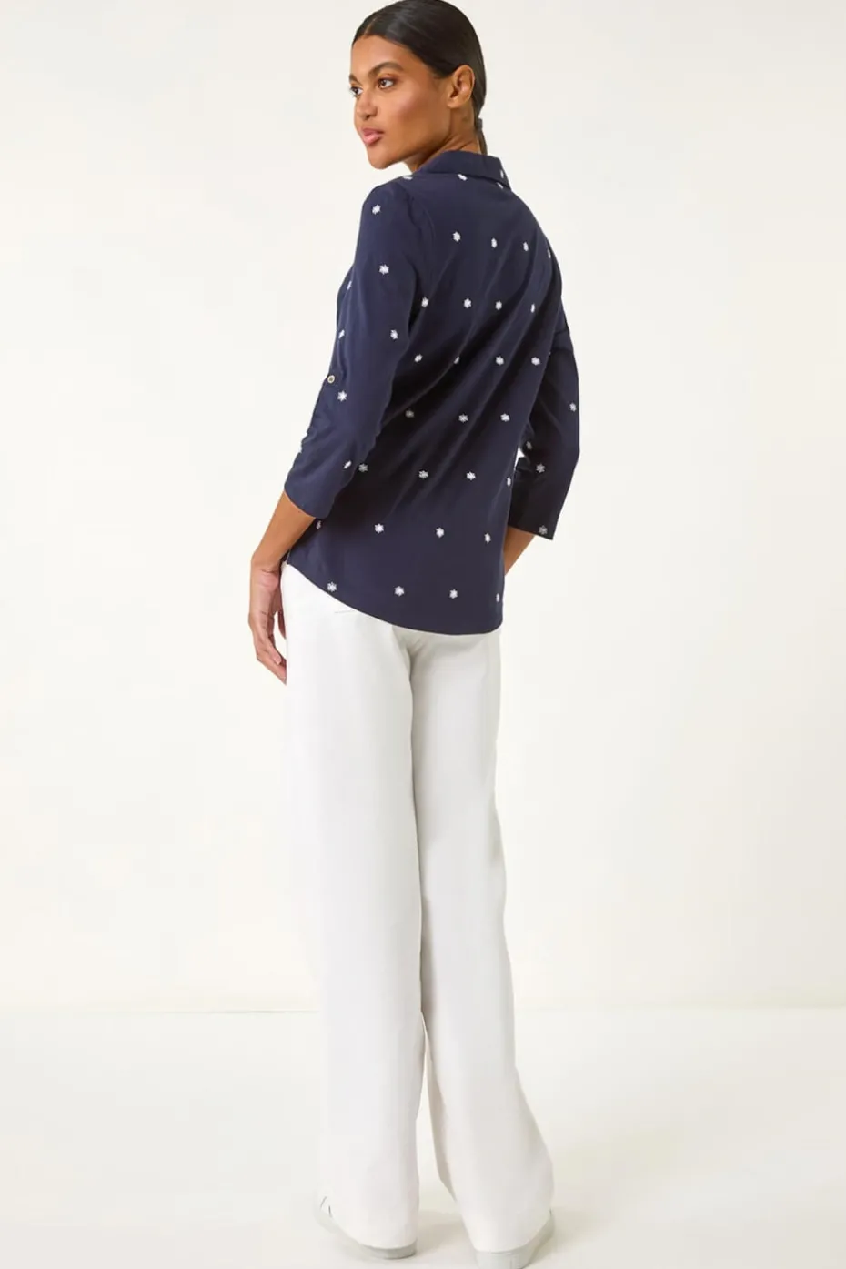 Roman Navy Embroidered V-Neck Cotton Shirt