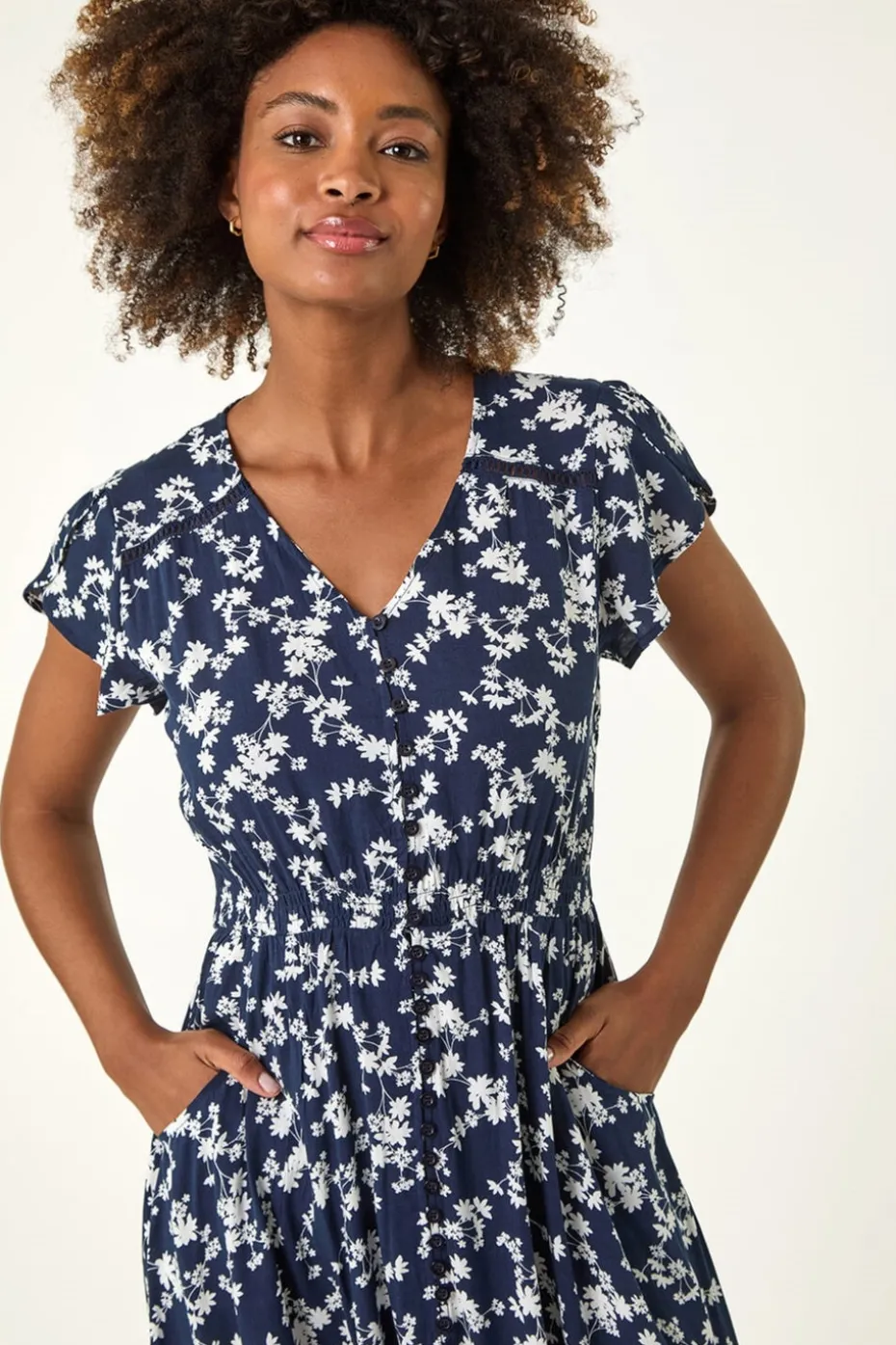 Roman Navy Floral Button Down Frill Midi Dress