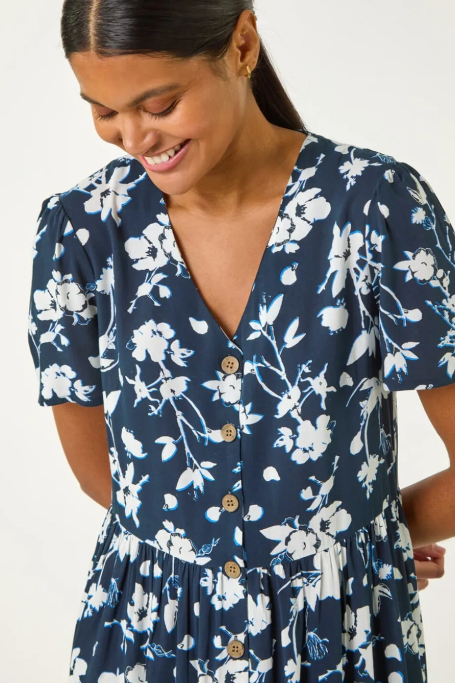 Roman Navy Floral Print Button Through Midi Dress