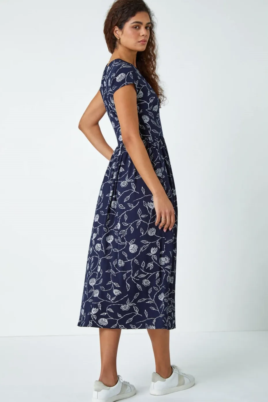 Roman Navy Floral Print Midi Stretch Dress