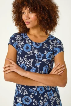 Roman Navy Floral Print Tea Dress
