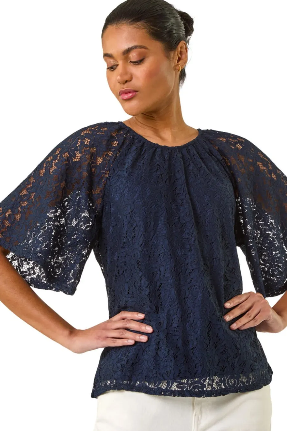 Roman Navy Lace Angel Sleeve Top