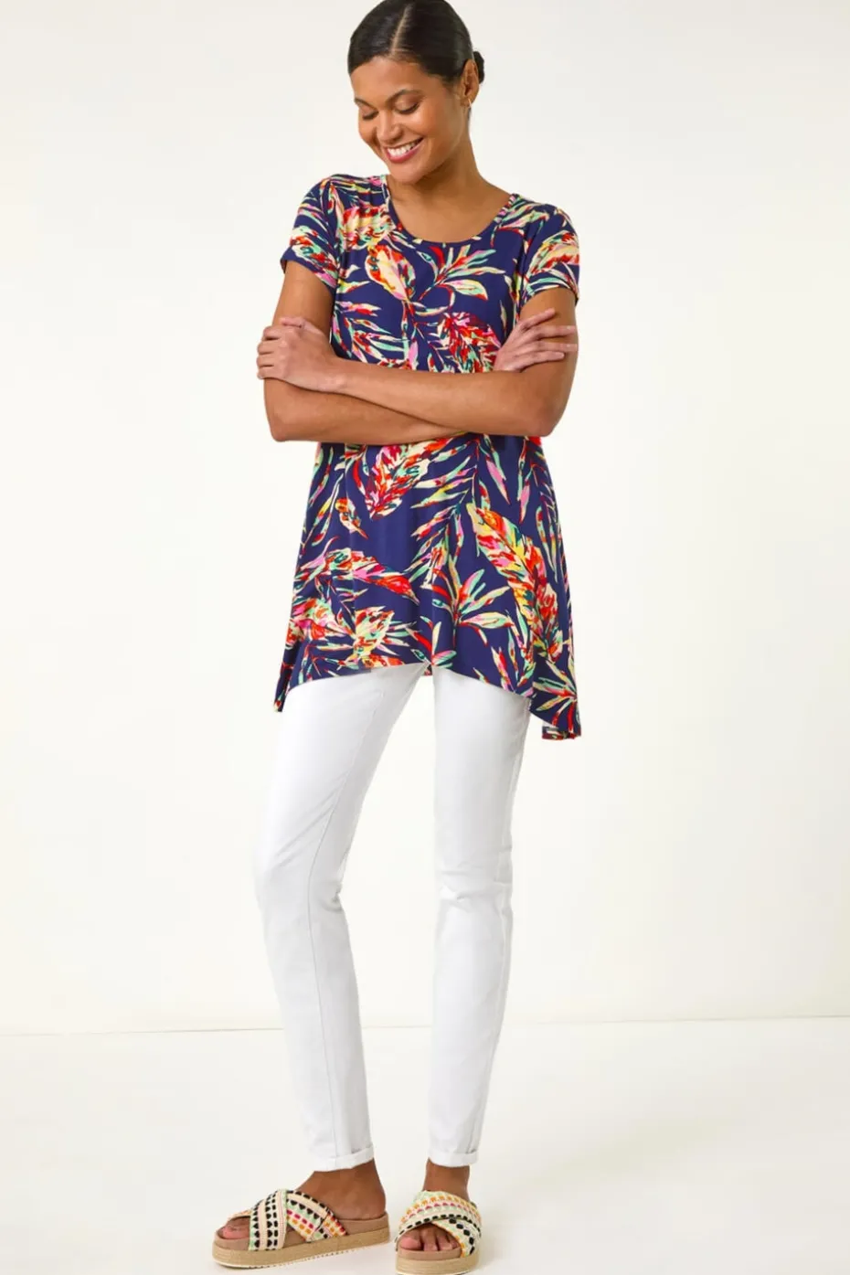 Roman Navy Leaf Print Hanky Hem Tunic Top
