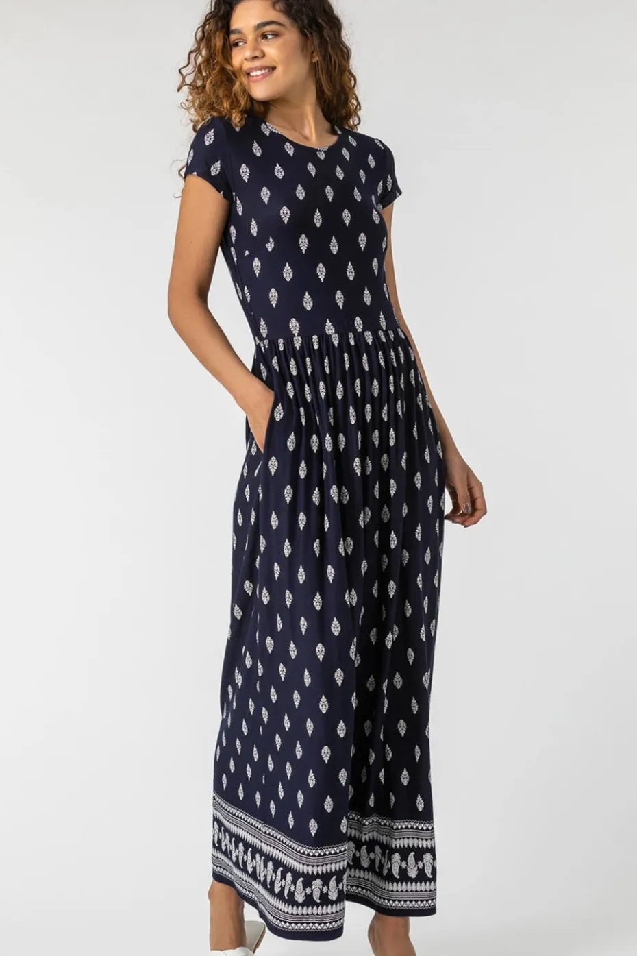Roman Navy Paisley Border Print Stretch Maxi Dress