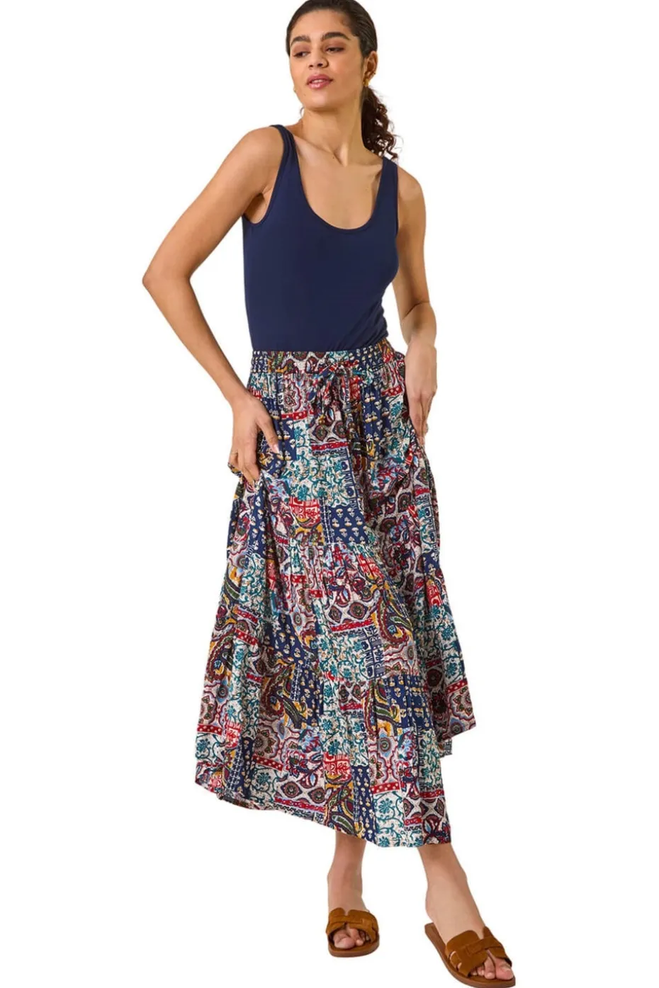 Roman Navy Patchwork Tiered Skirt