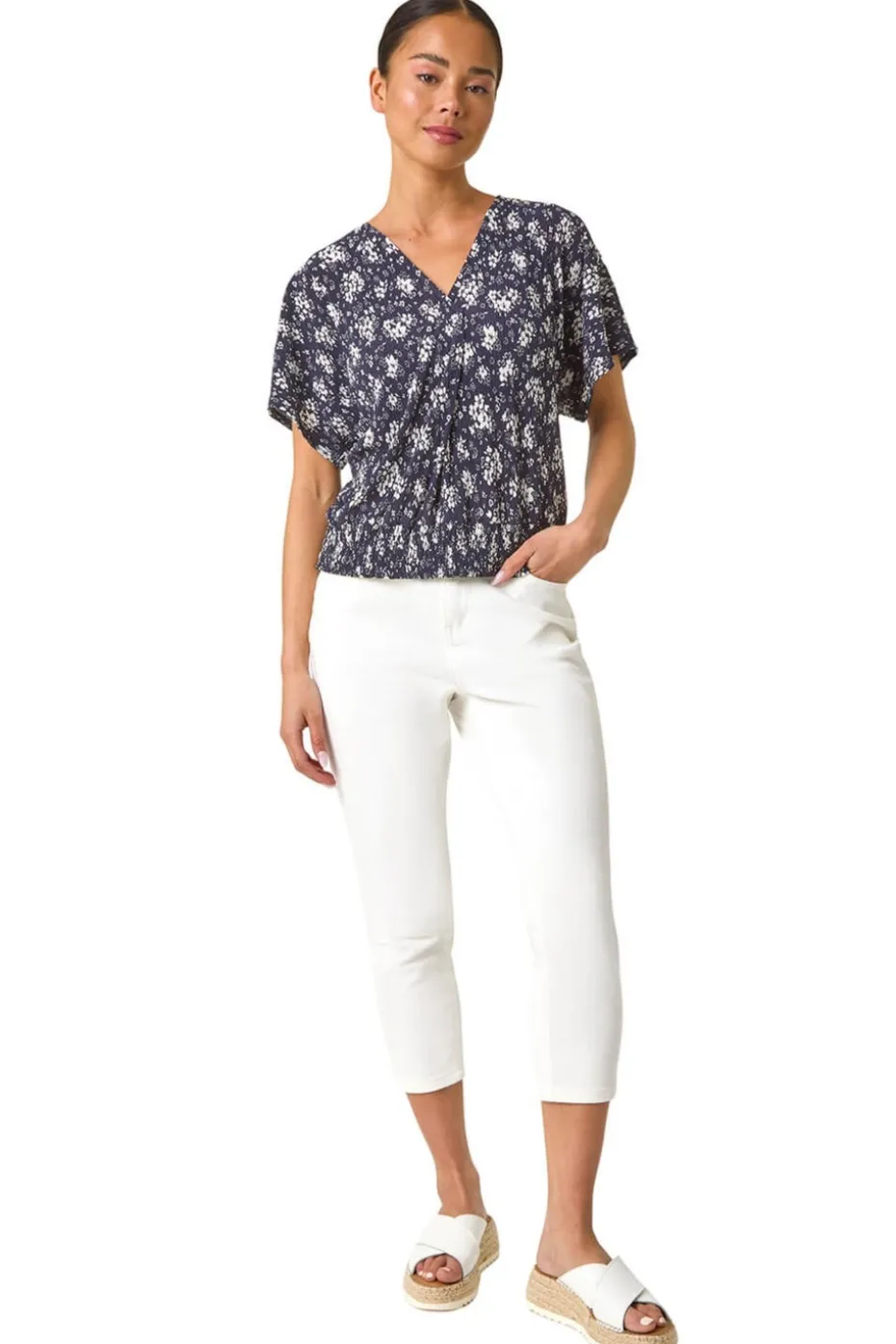 Roman Navy Petite Floral Print Crinkle Blouson Top