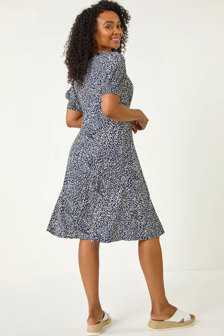 Roman Navy Petite Floral Print Shirred Stretch Dress