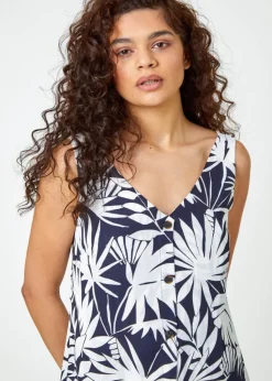 Roman Navy Sleeveless V-Neck Palm Print Button Cami