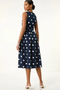 Roman Navy Spot Print Belted Midi Dress