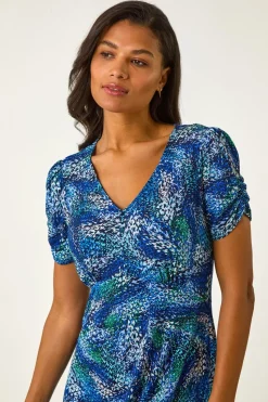 Roman Navy Stretch Abstract Buttoned Tea Dress