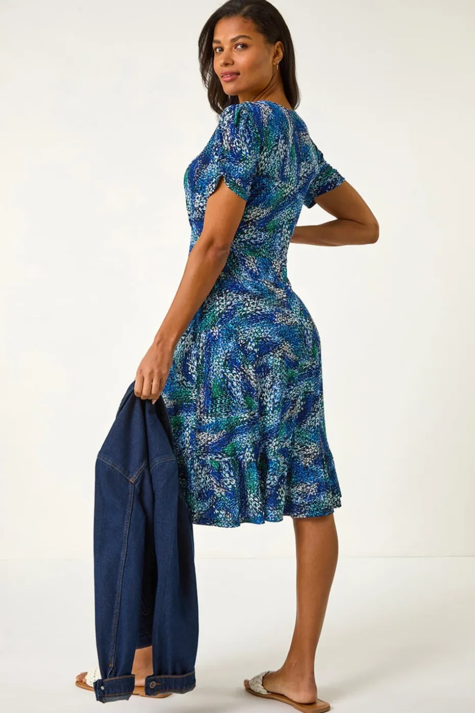 Roman Navy Stretch Abstract Buttoned Tea Dress