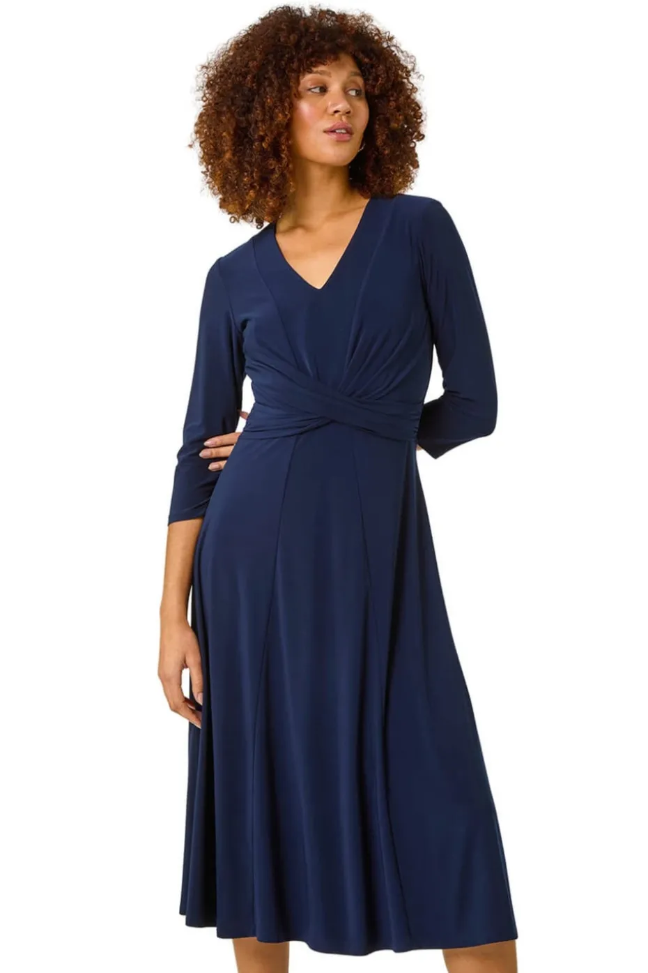 Roman Navy Stretch Crossover Midi Dress