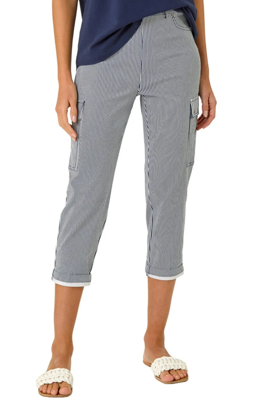 Roman Navy Stripe Cropped Cargo Trouser