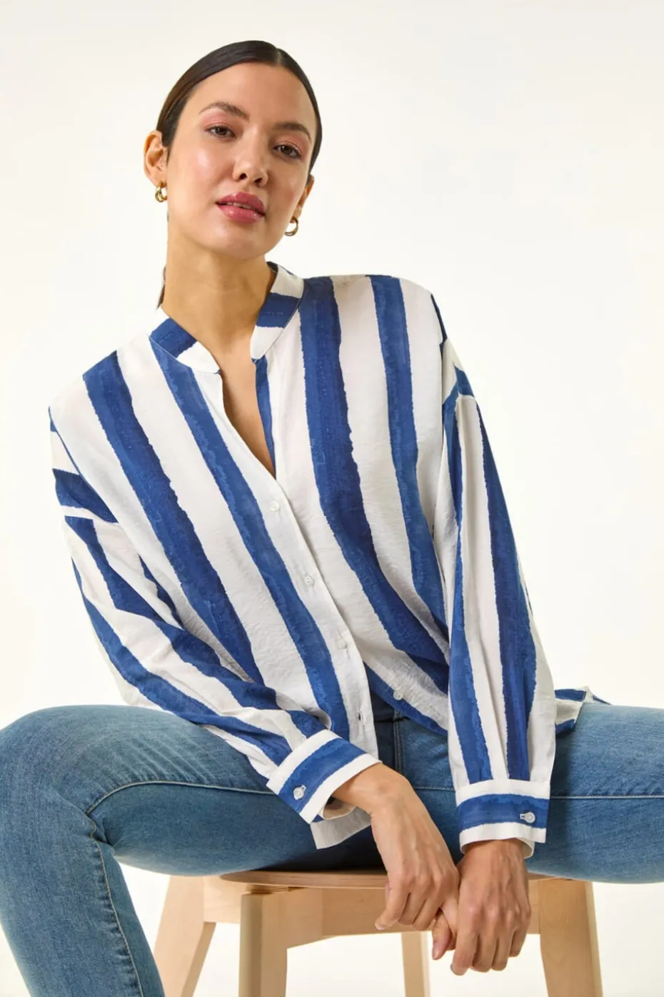 Roman Navy Stripe Print Relaxed Button Shirt