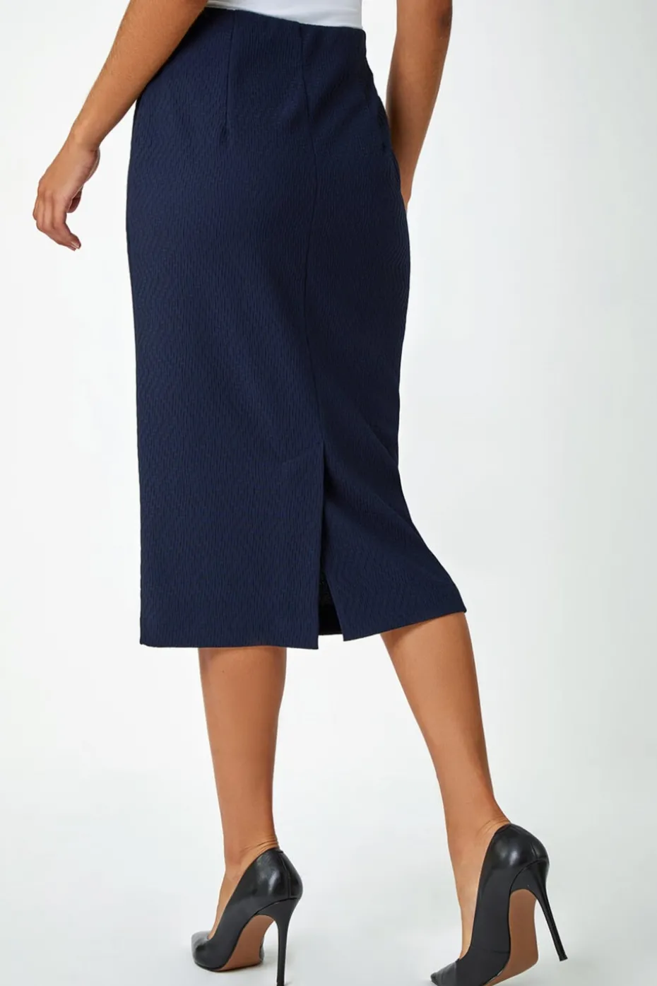 Roman Navy Textured Elastic Waist Pencil Midi Skirt