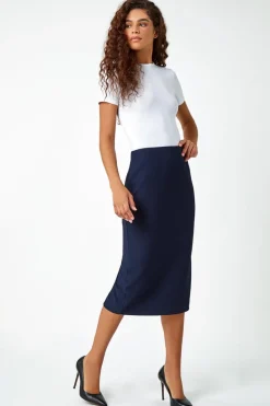 Roman Navy Textured Elastic Waist Pencil Midi Skirt