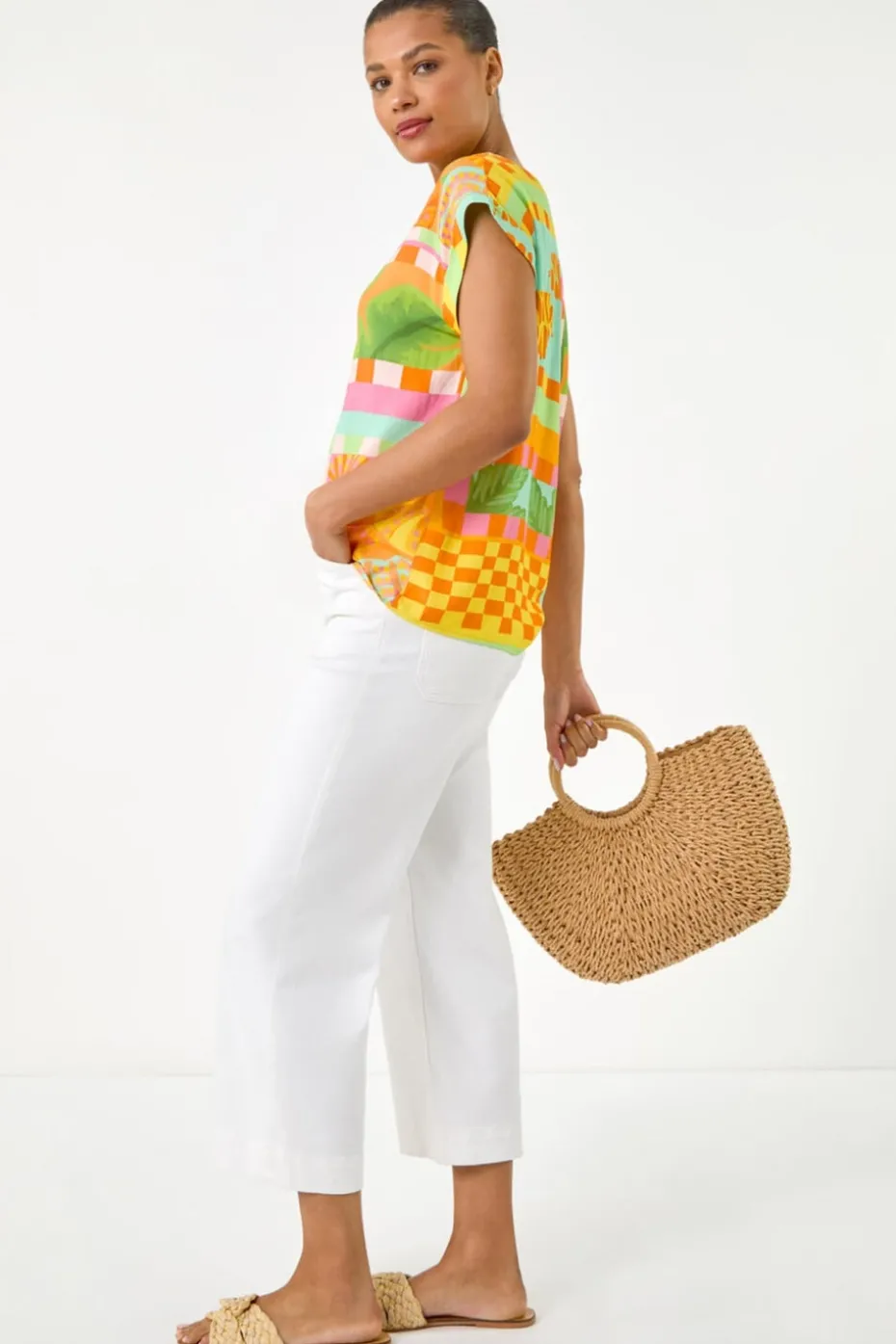 Roman Orange Abstract Print Shell Top