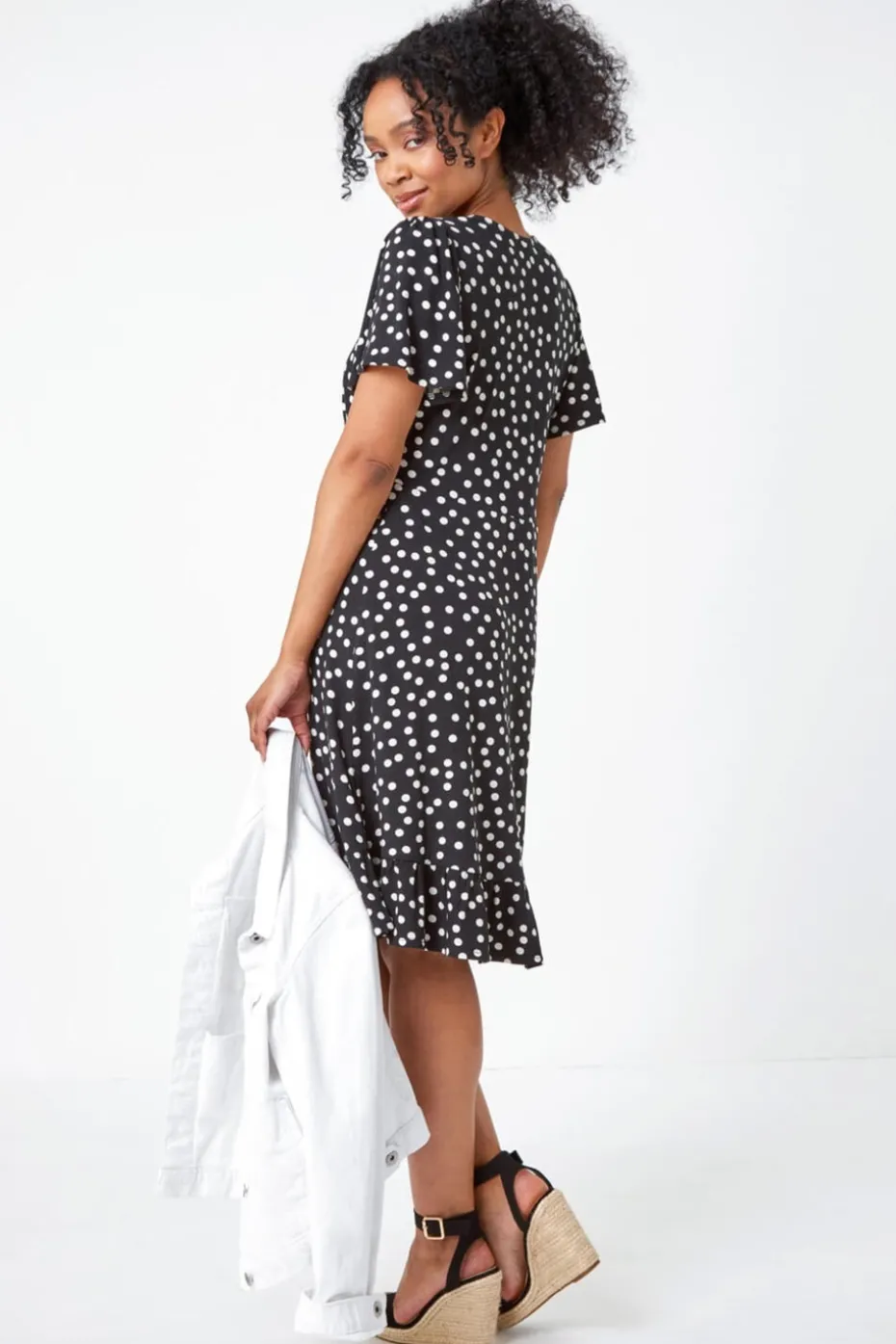 Roman Petite Black Petite Polka Dot Frill Hem Stretch Dress