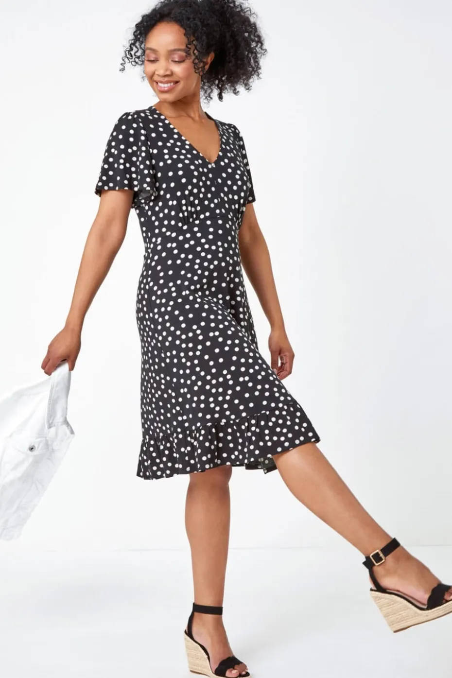 Roman Petite Black Petite Polka Dot Frill Hem Stretch Dress