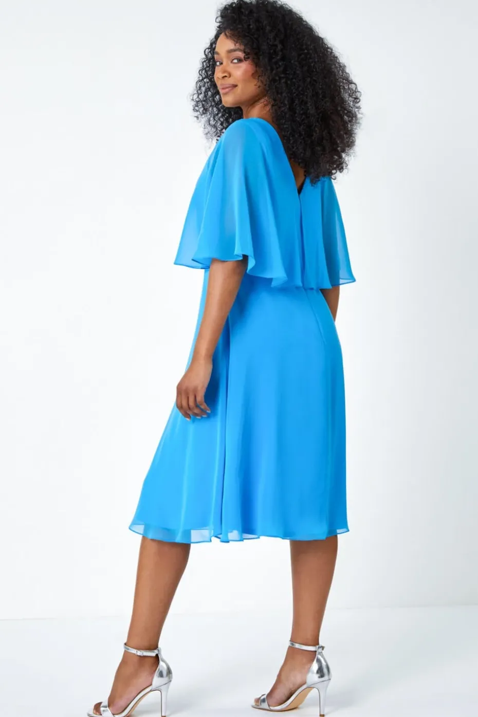 Roman Petite Blue Sequin Trim Chiffon Cape Dress