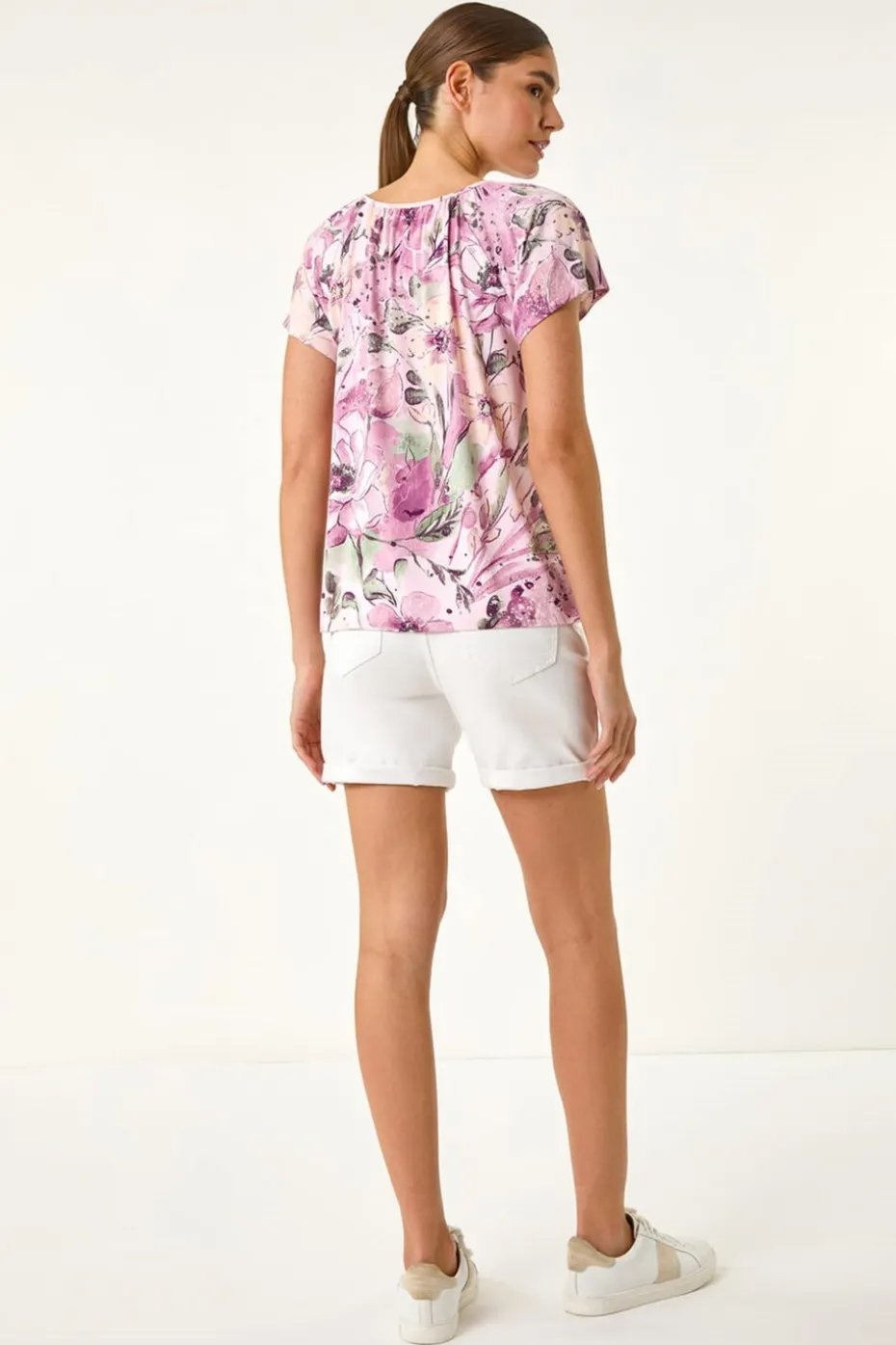 Roman Pink Abstract Floral Print Stretch Top