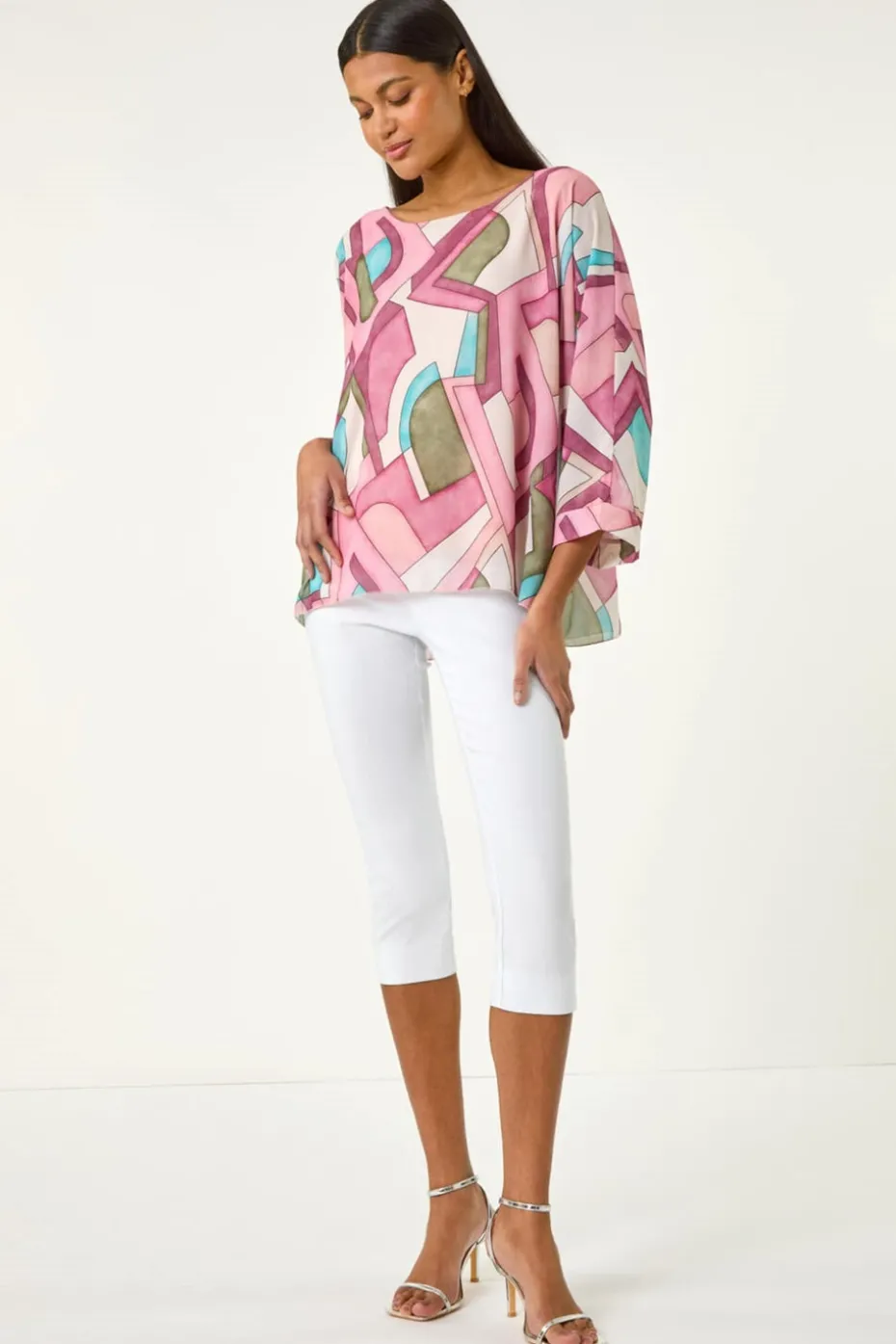 Roman Pink Abstract Print Overlay Tunic Top