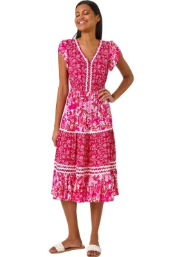 Roman Pink Floral Contrast Stitch Midi Dress