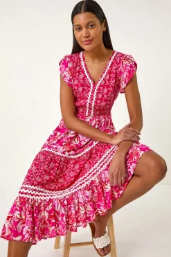 Roman Pink Floral Contrast Stitch Midi Dress