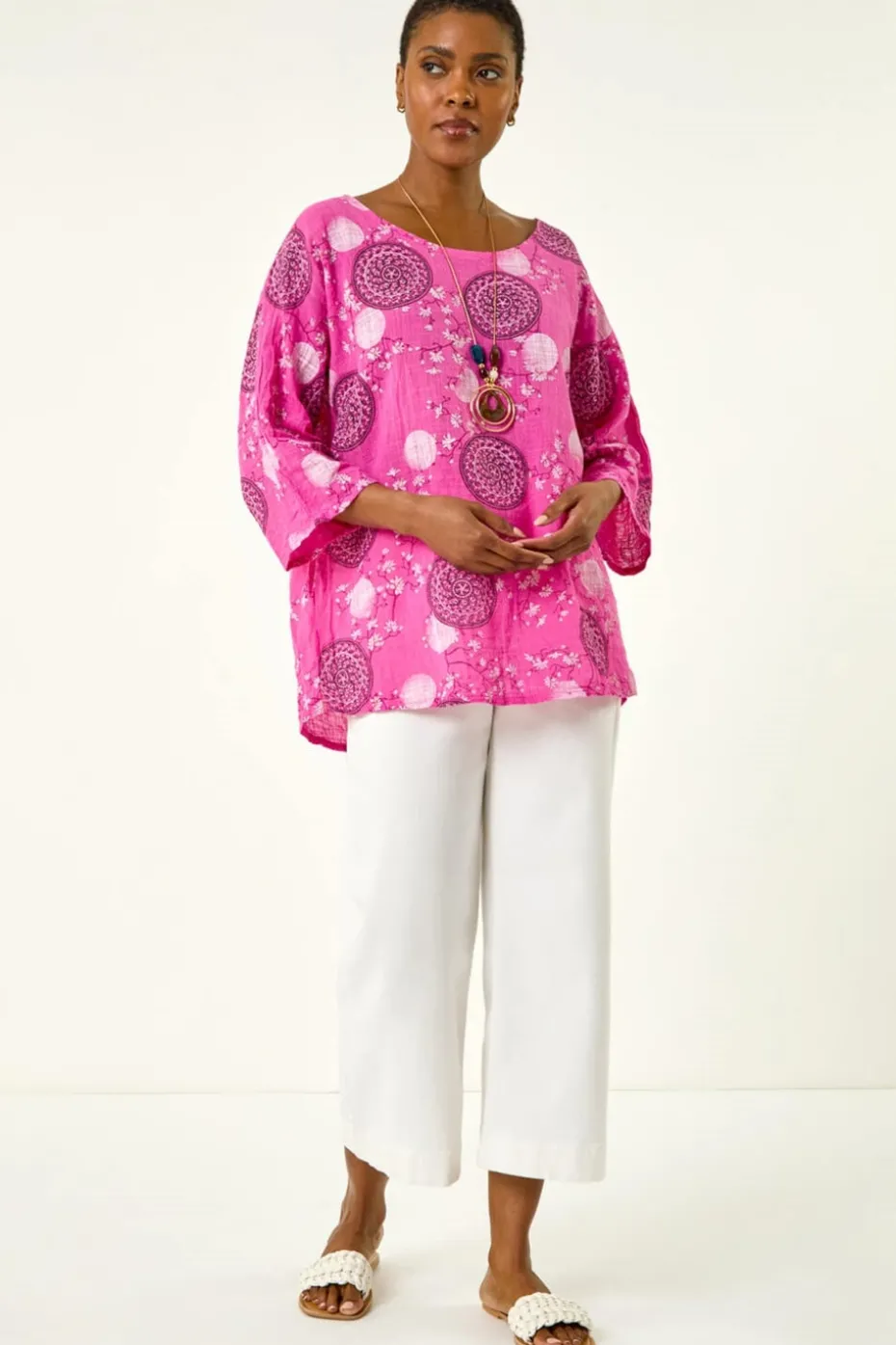 Roman Pink Floral Embroidered Cotton Top with Necklace
