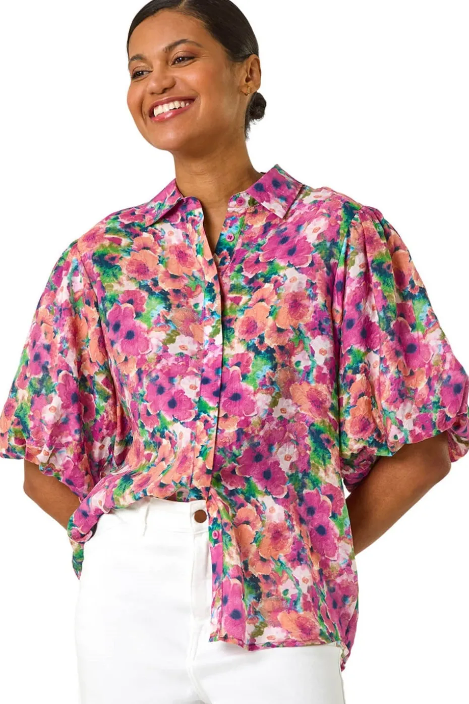 Roman Pink Floral Print Button Through Shirt