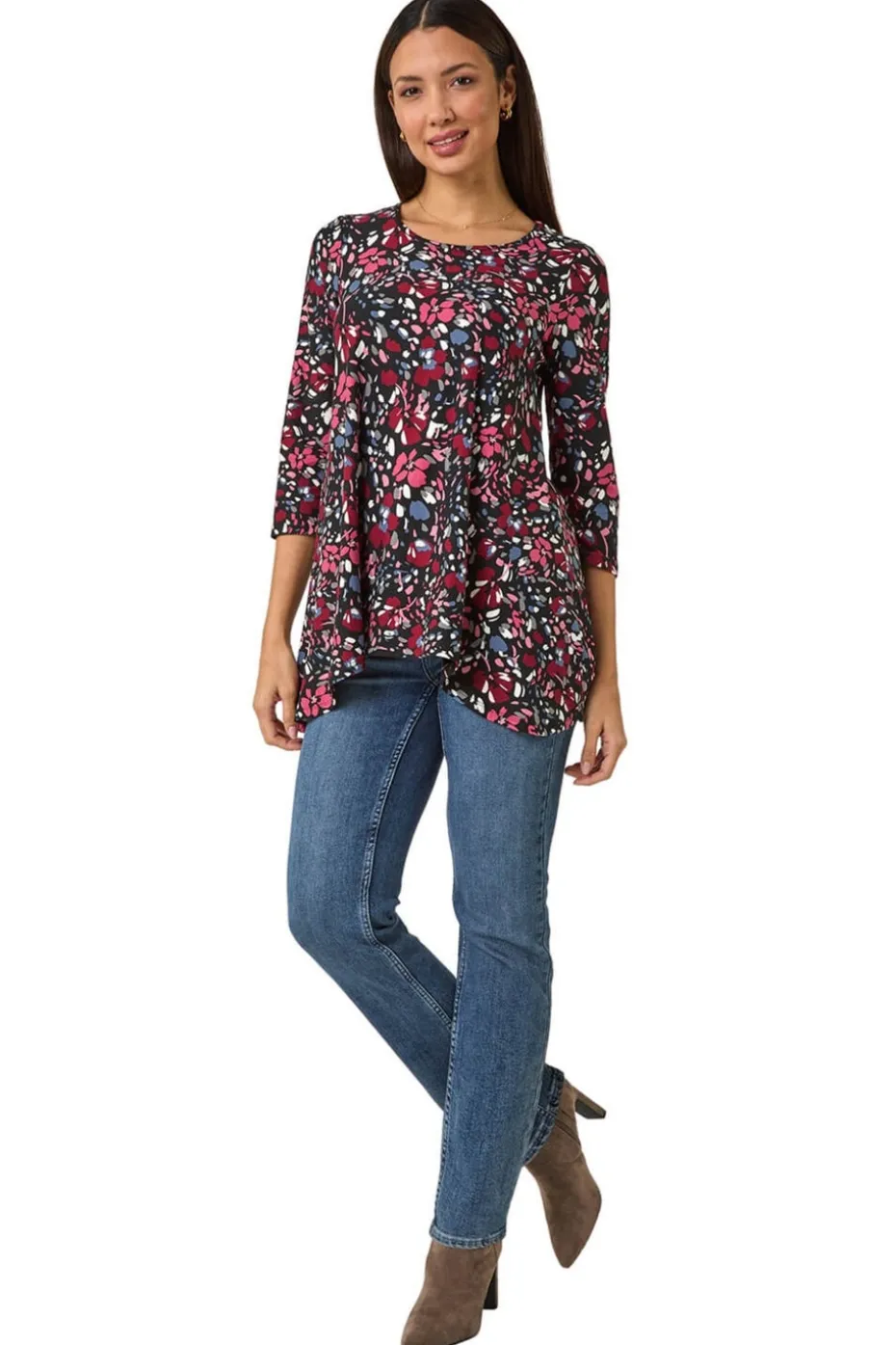 Roman Pink Floral Print Swing Stretch Tunic Top