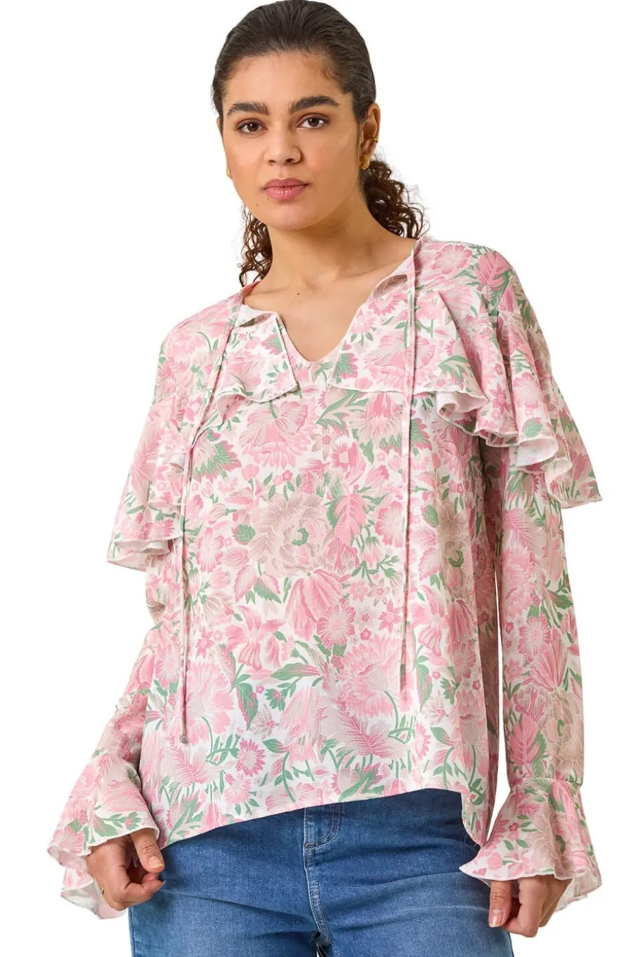 Roman Pink Floral Print Tie Front Top