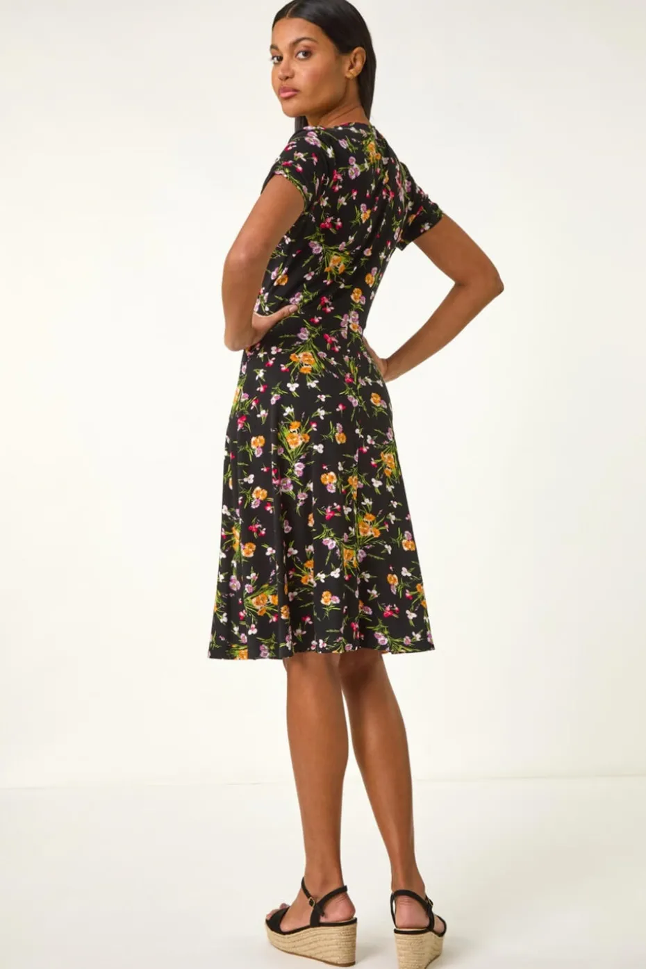 Roman Pink Floral Stretch Ring Detail Midi Dress