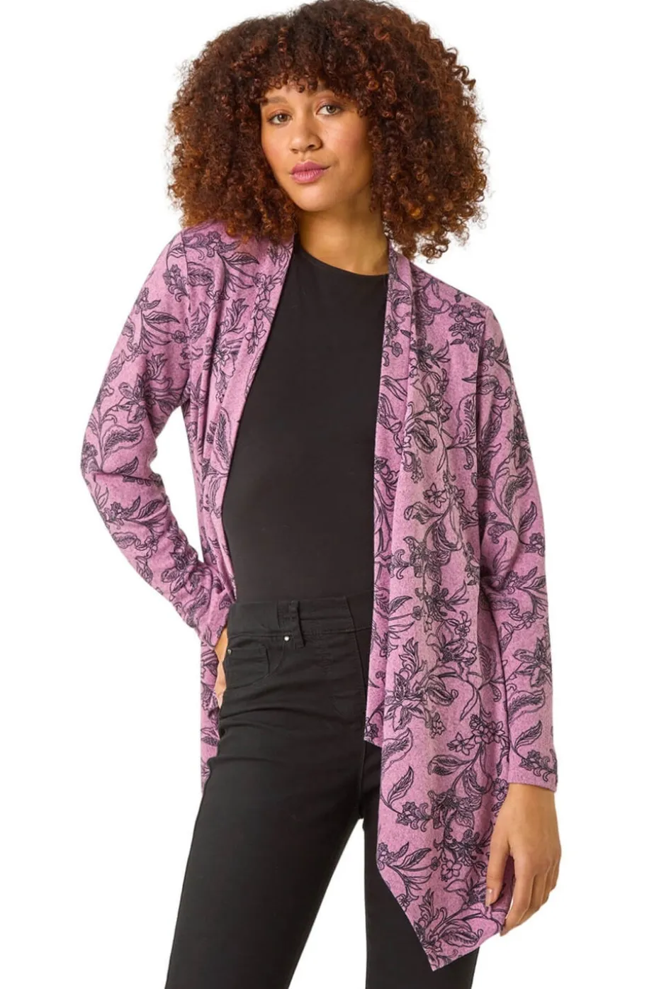 Roman Pink Linear Floral Print Gathered Cardigan