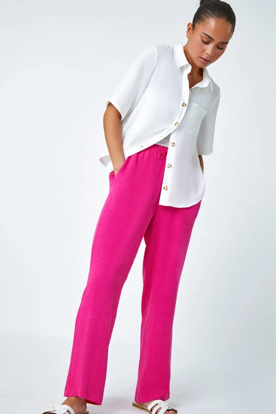 Roman Pink Petite Linen Mix Trousers