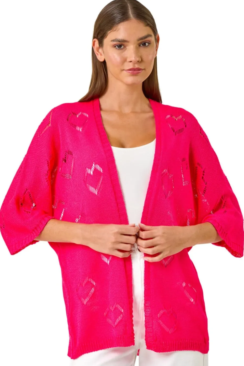 Roman Pink Pointelle Heart Knit Cardigan