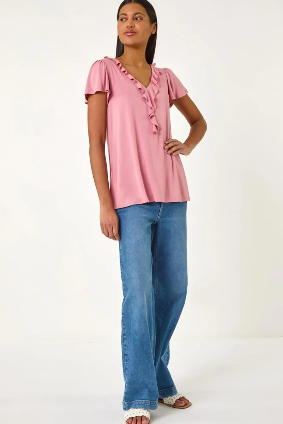 Roman Pink Ruffle Front Stretch Top