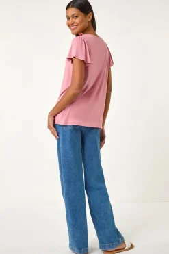 Roman Pink Ruffle Front Stretch Top