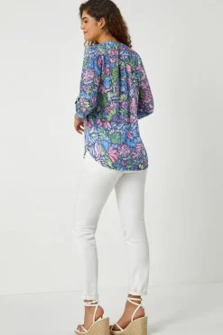 Roman Pink  Textured Floral Print Stretch Tunic Shirt