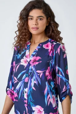 Roman Pink Tropical Print Longline Blouse