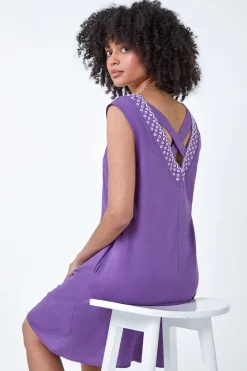 Roman Purple Cotton Blend Embroidered Pocket Shift Dress