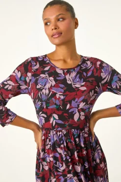 Roman Purple Floral Print Gathered Stretch Midi Dress