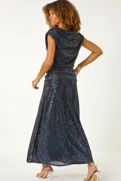 Roman Purple Sequin Cowl Neck Maxi Stretch Dress