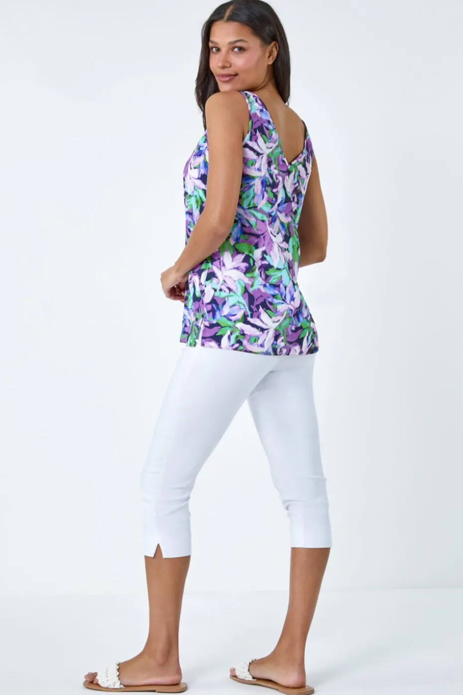 Roman Purple Sleeveless V Neck Leaf Print Button Cami Top