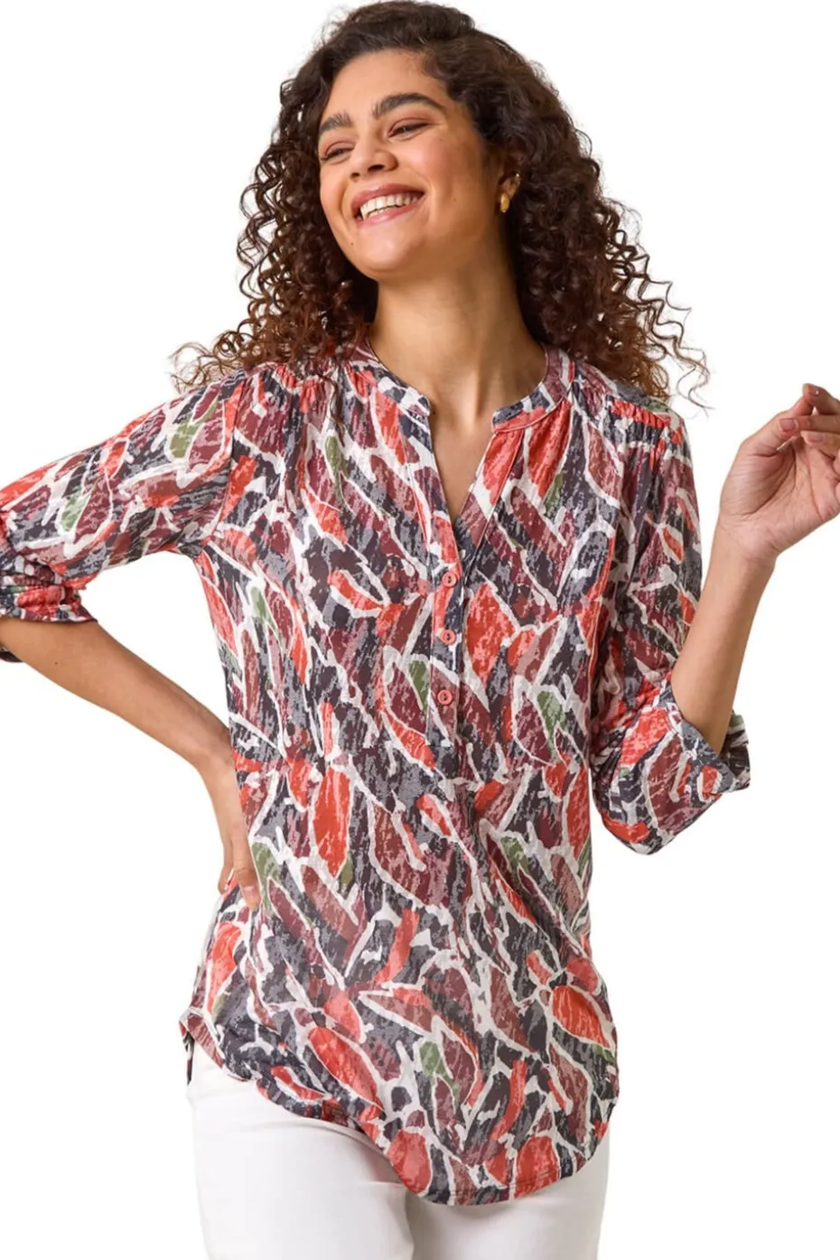 Roman Red Abstract Print Burnout V-Neck Shirt
