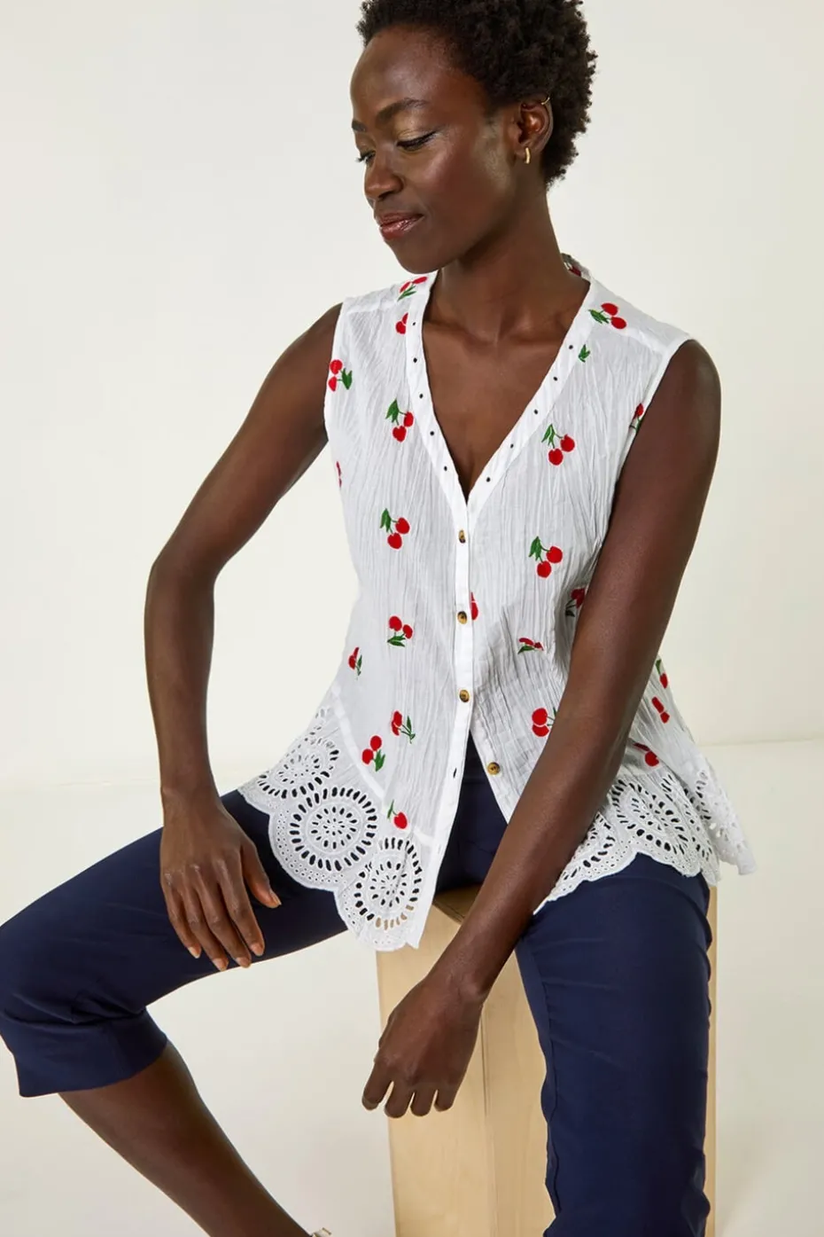 Roman Red Cherry Print Crinkle Button Blouse