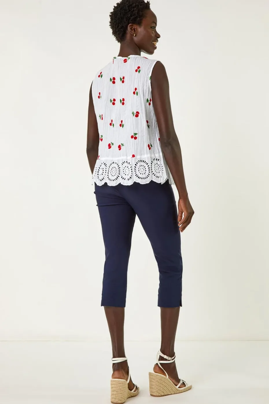 Roman Red Cherry Print Crinkle Button Blouse