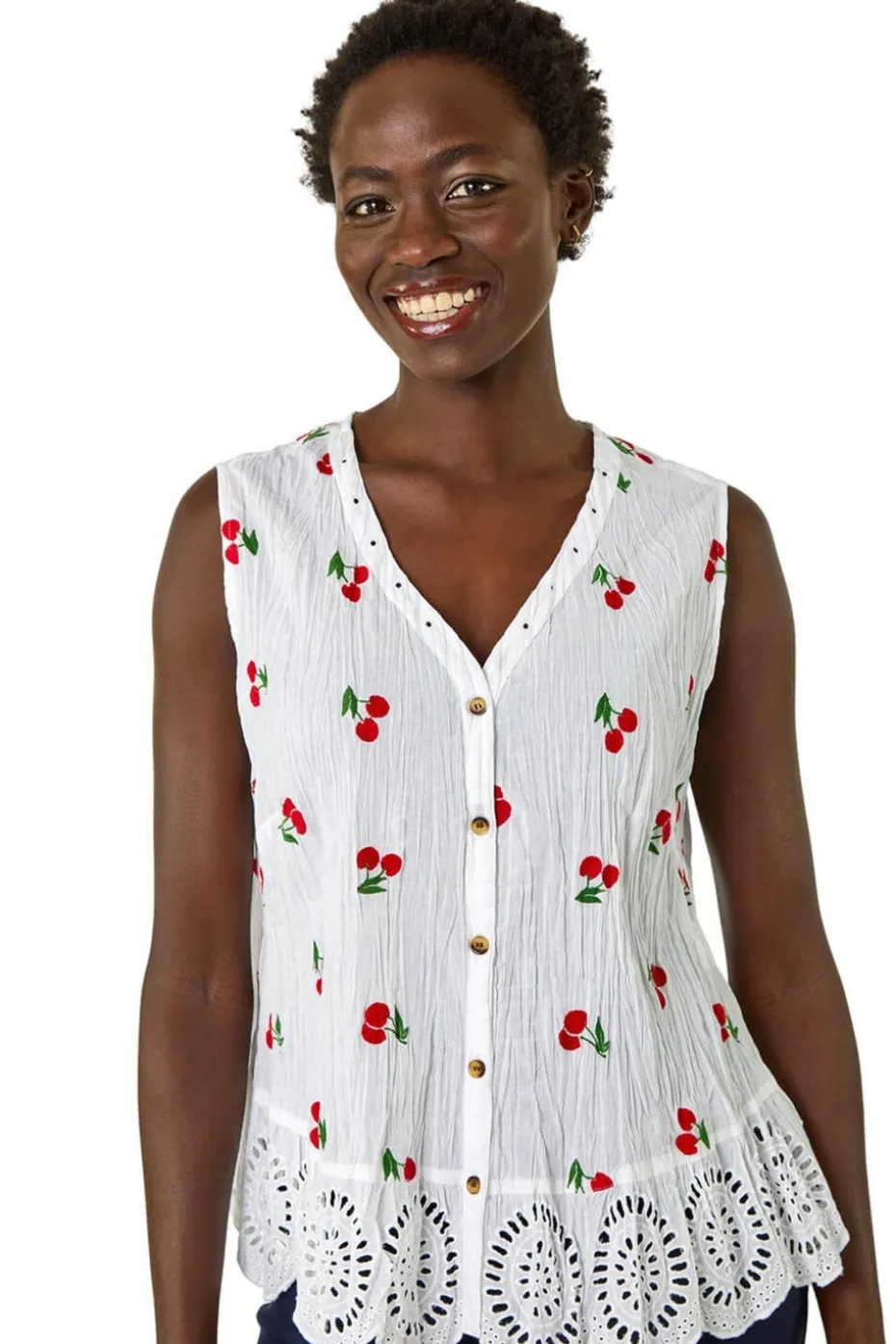 Roman Red Cherry Print Crinkle Button Blouse