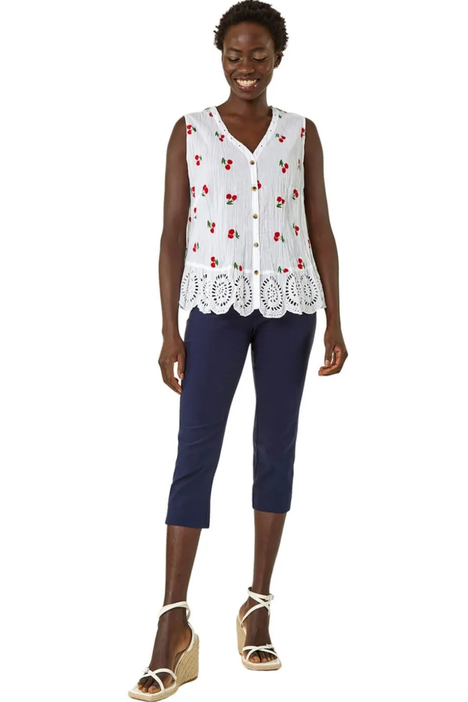 Roman Red Cherry Print Crinkle Button Blouse