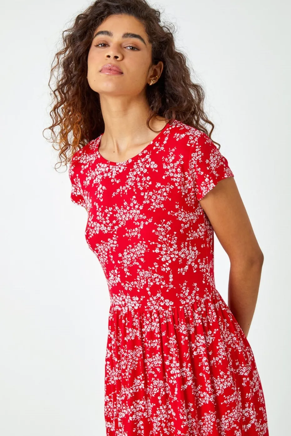 Roman Red Ditsy Gathered Skirt Stretch Midi Dress
